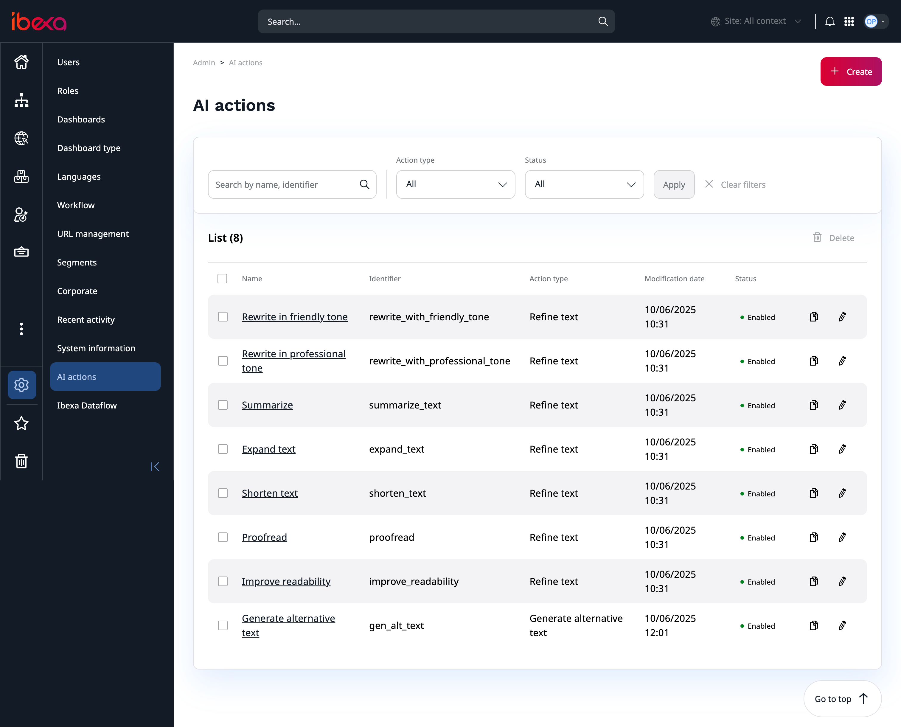 Vue d'une interface utilisateur web affichant une liste d'actions d'IA, notamment "Réécrire dans un style amical" et "Résumer".
