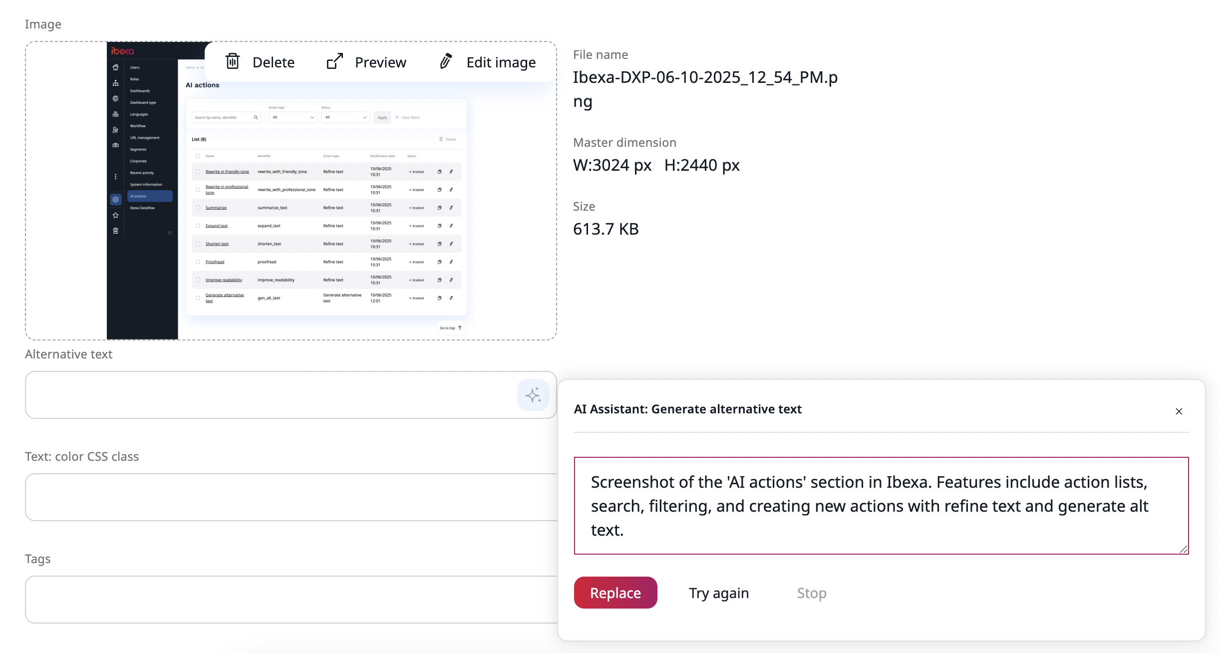Ibexa "AI actions" section screenshot. Shows action lists, search, filter and new action creation with refine text and generate alt text.